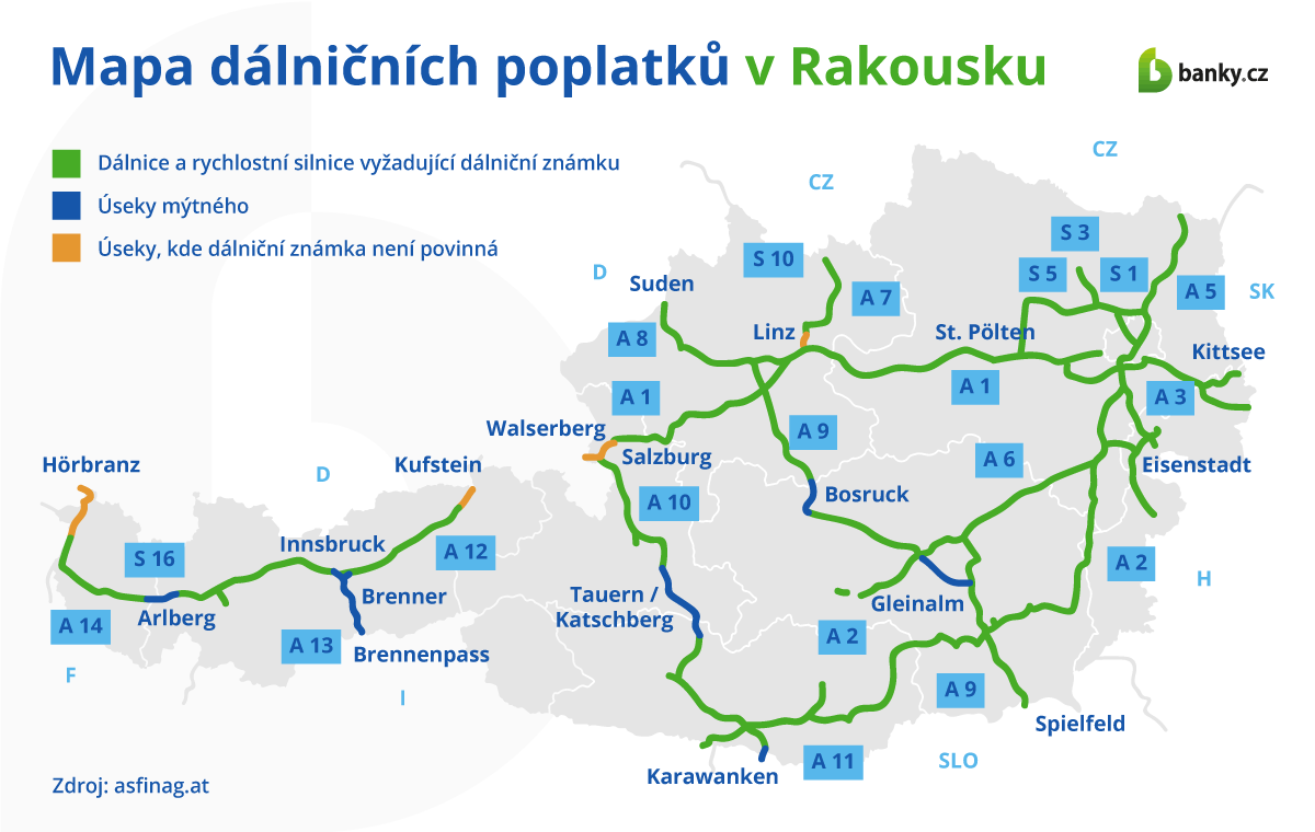 Mapa dálničních poplatků v Rakousku