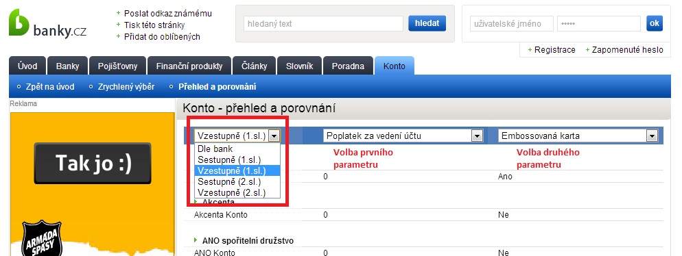 Banky.cz - volba parametrů - běžný účet
